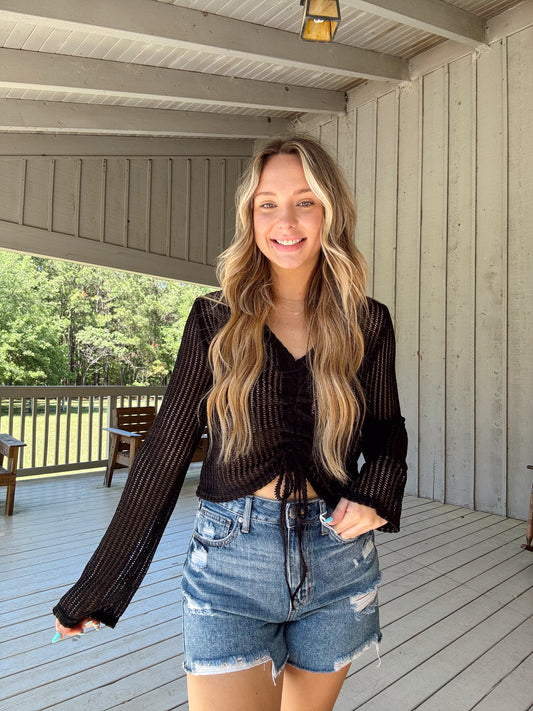 Black Long Sleeve Crochet Top