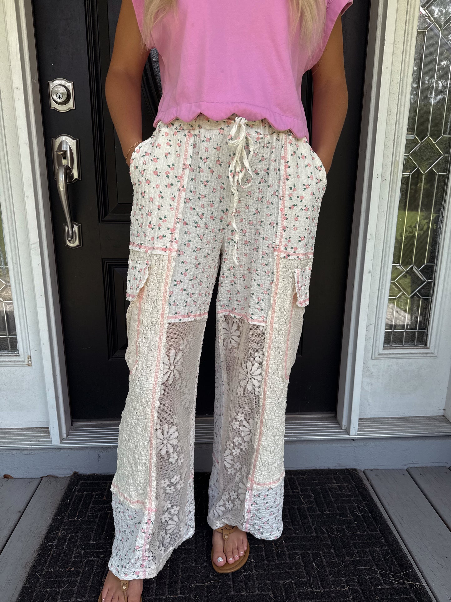 Cream Floral Stitched Pants