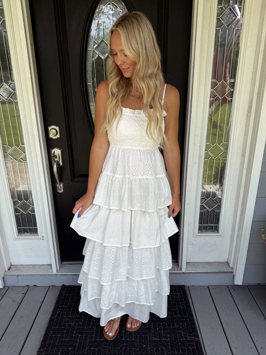 White Eyelet Ruffle Maxi Dress