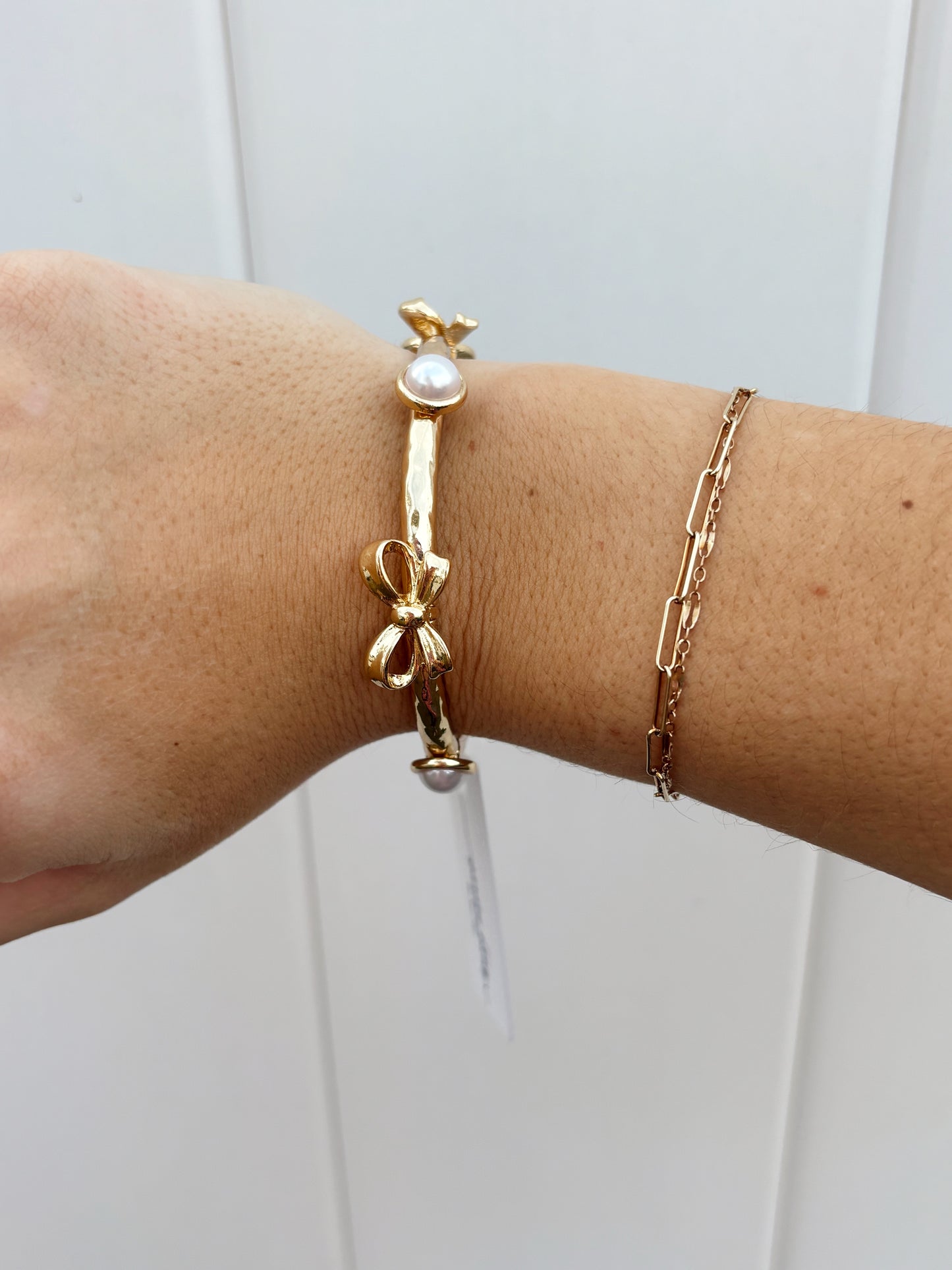 Gold Bow Stretch Bracelet with Oval Pearl Accents