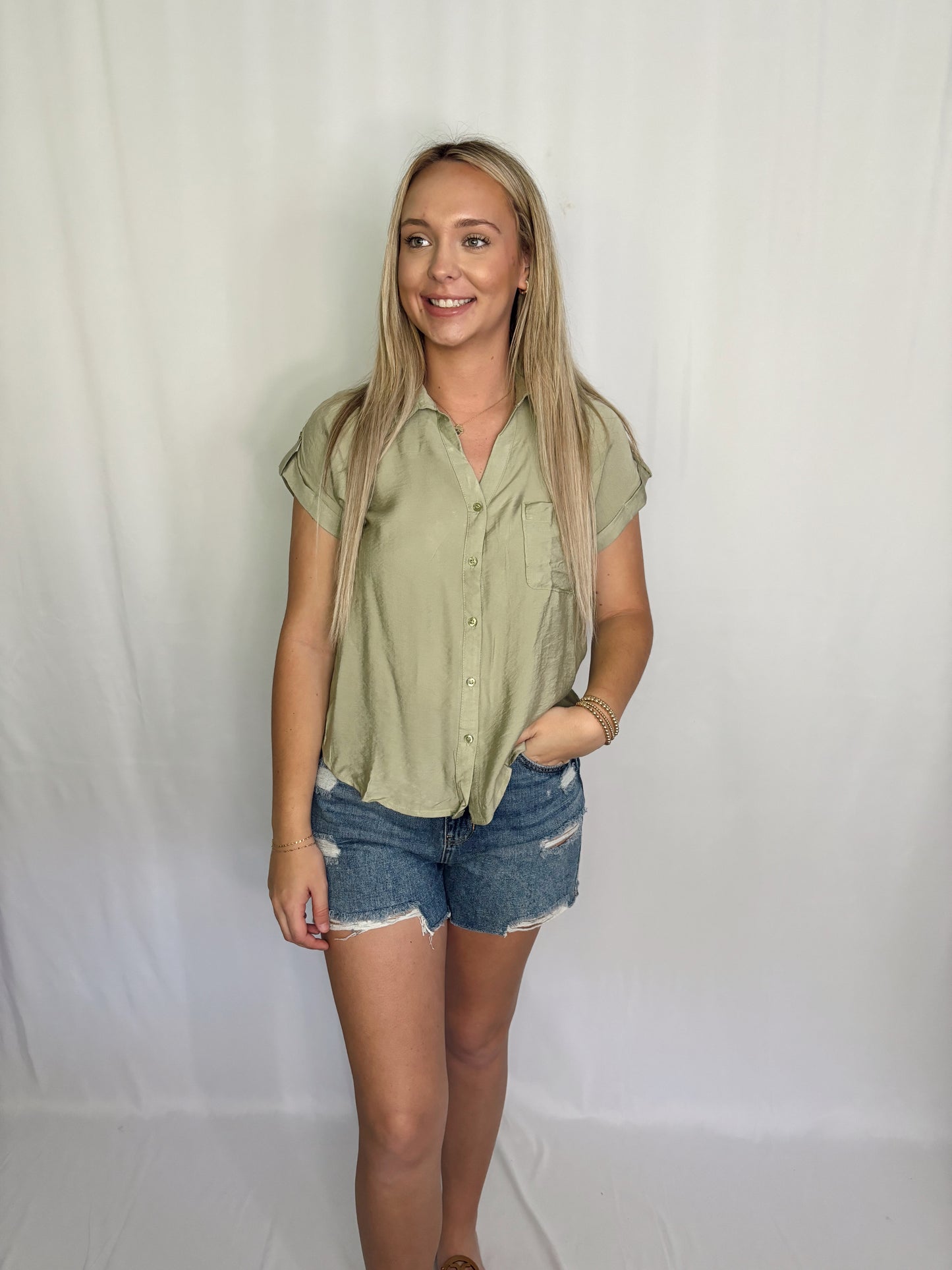 Light Olive Short Tab Sleeve Button Down Shirt