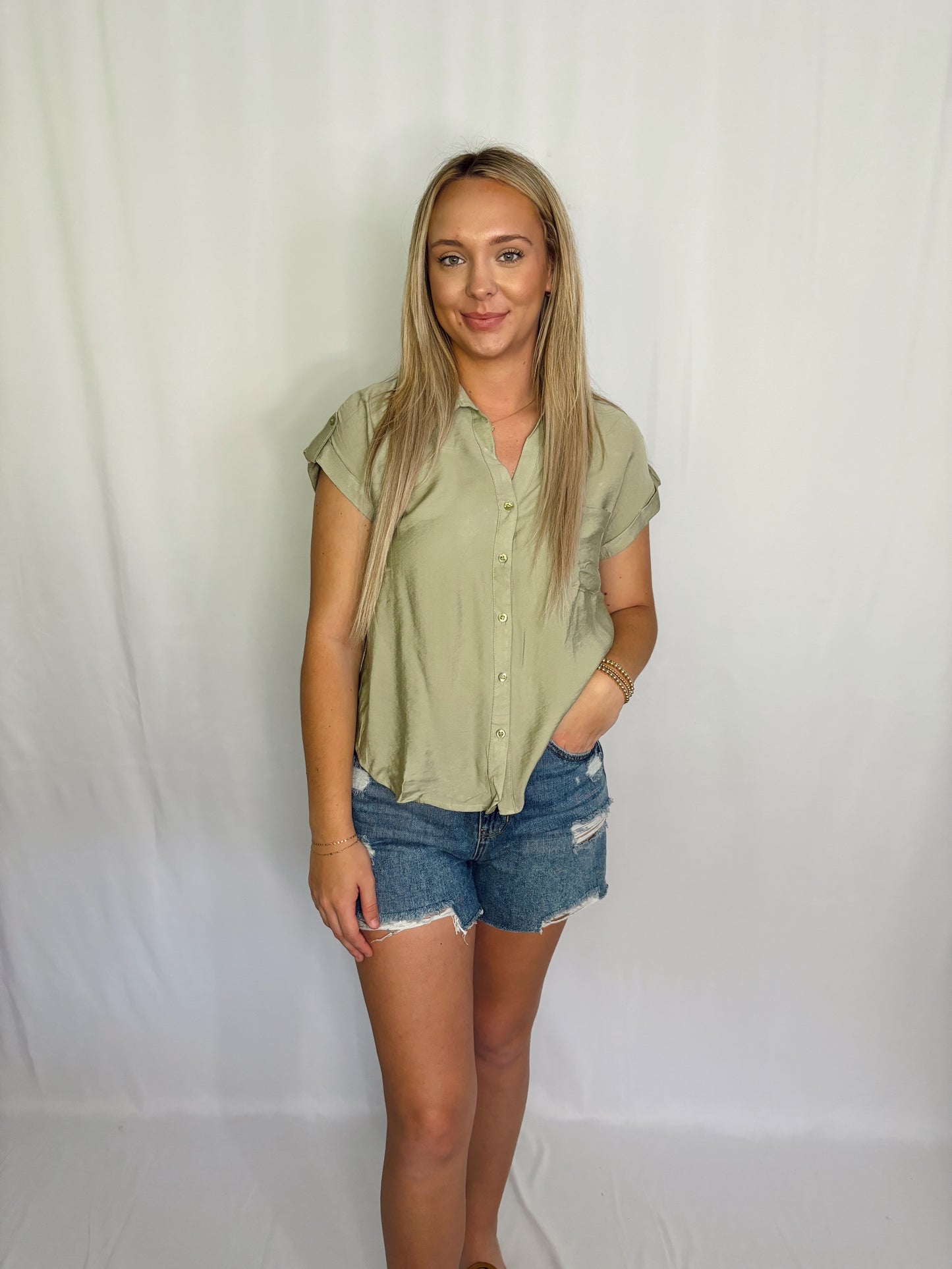 Light Olive Short Tab Sleeve Button Down Shirt