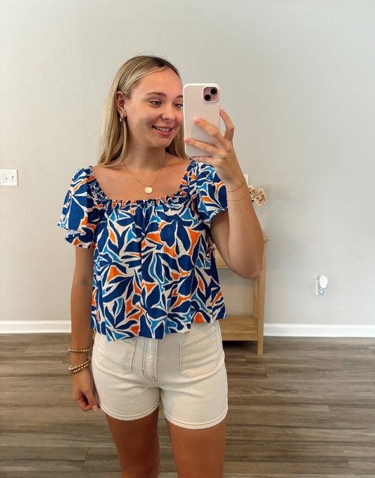 Tropical Print Square Neck Top