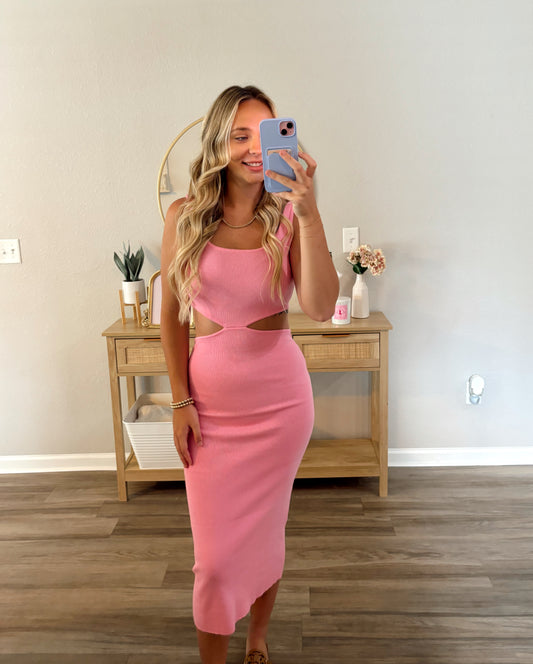 Pink Knit Cut Out Midi Dress