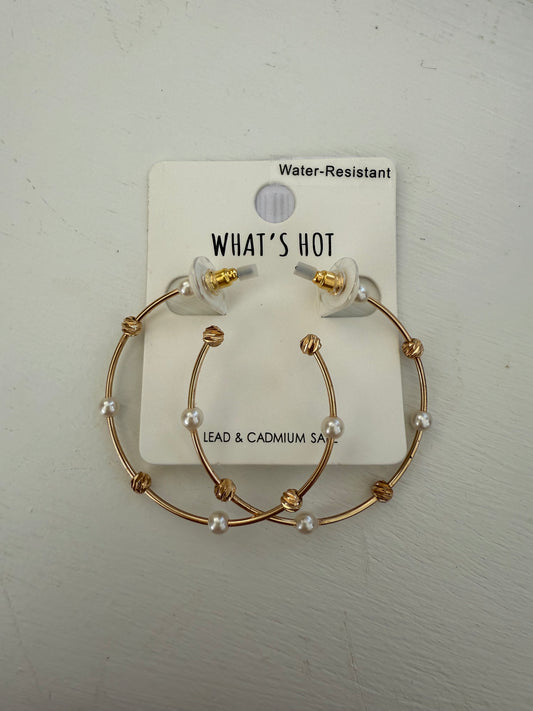 Gold Bar with Pearl and Gold Ball 2" Hoop Earring