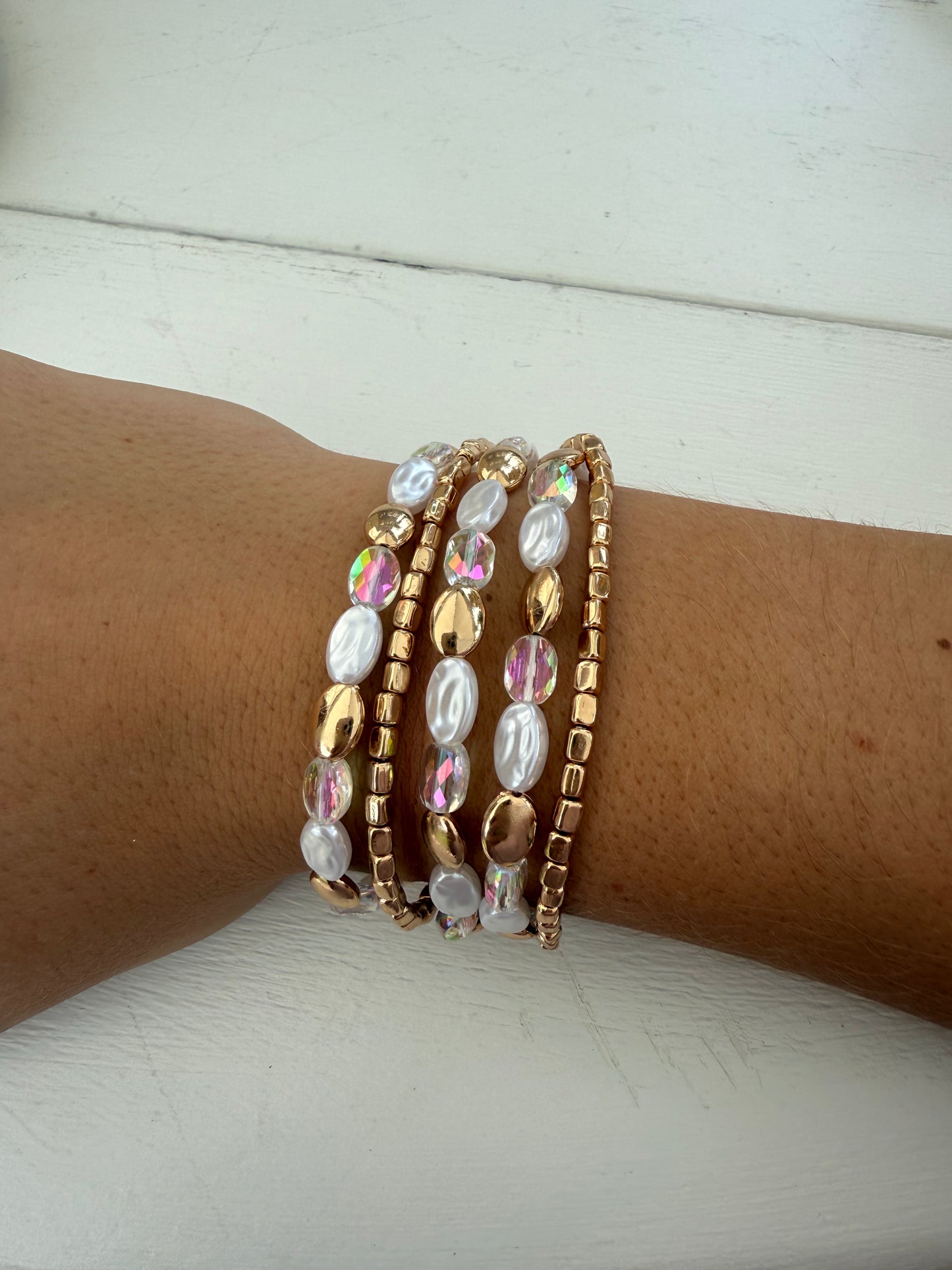 White, Pearl & Gold Beaded Bracelet Set of 5
