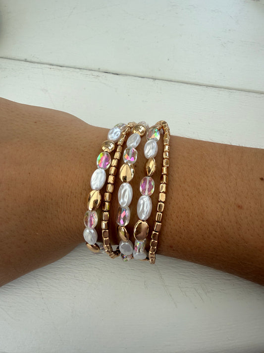 White, Pearl & Gold Beaded Bracelet Set of 5