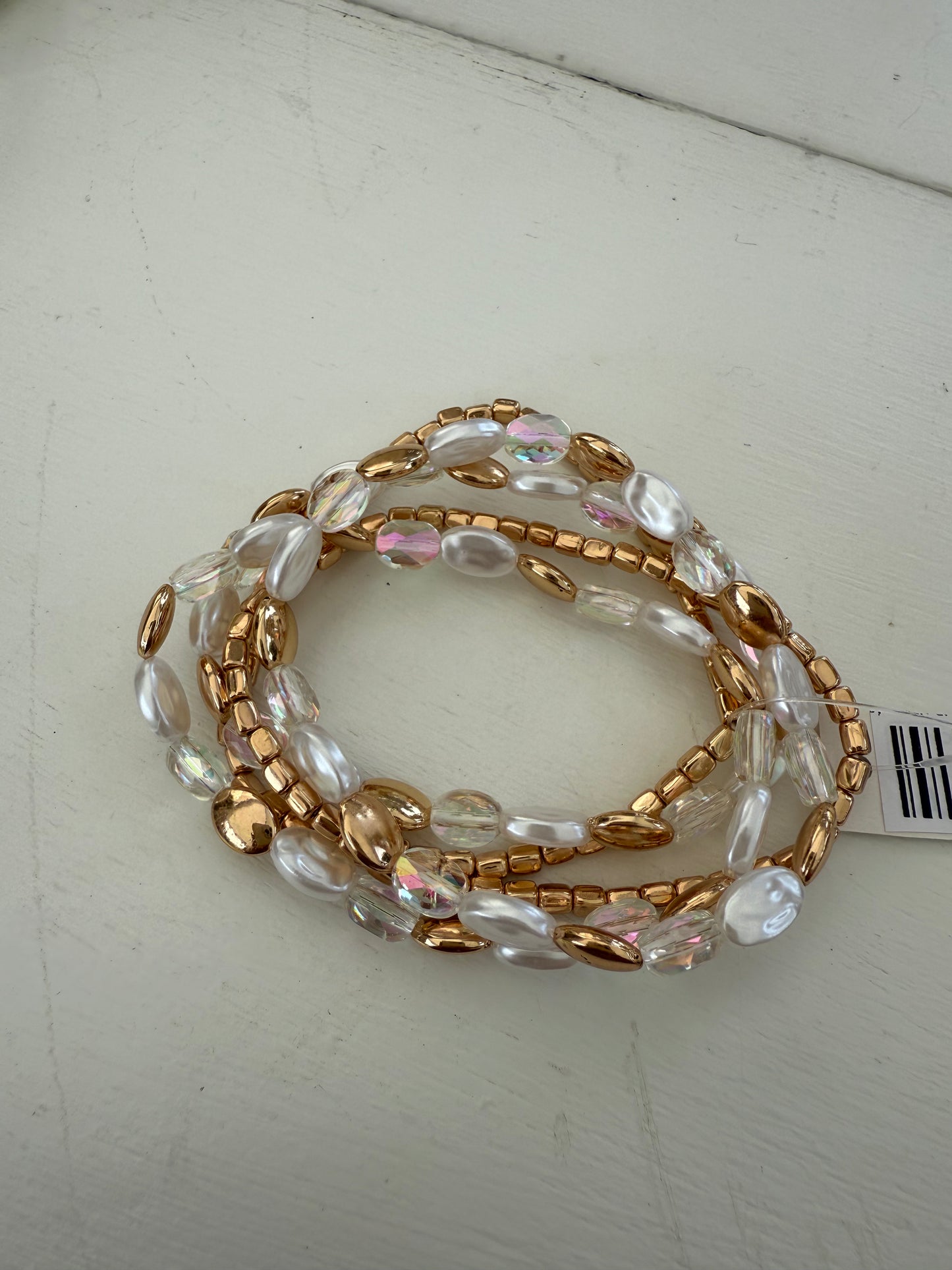 White, Pearl & Gold Beaded Bracelet Set of 5