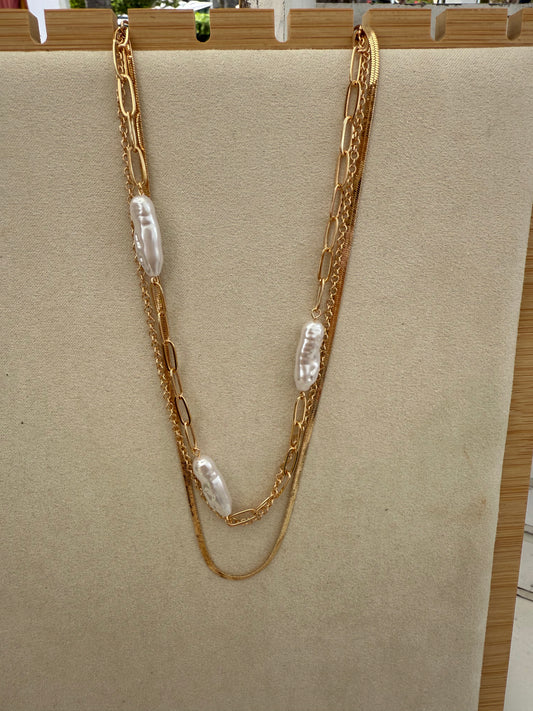 Gold Multi Chain with Oval Pearl 16"-18" Necklace