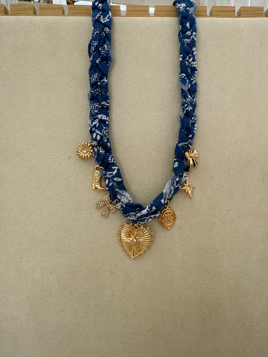 Blue Braided Scarf Necklace with Heart, Bow, and Boot Charms