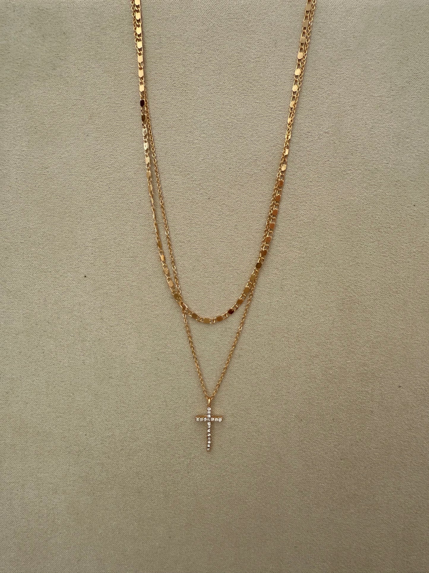 Gold Layered Chain with Rhinestone Cross Necklace