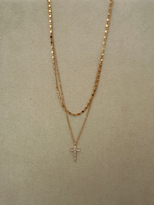 Gold Layered Chain with Rhinestone Cross Necklace