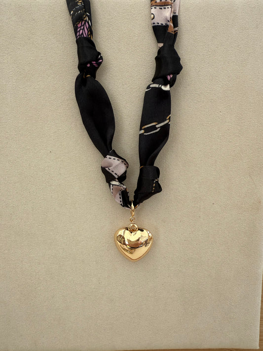 Black Knotted Scarf Necklace with Puffy Heart
