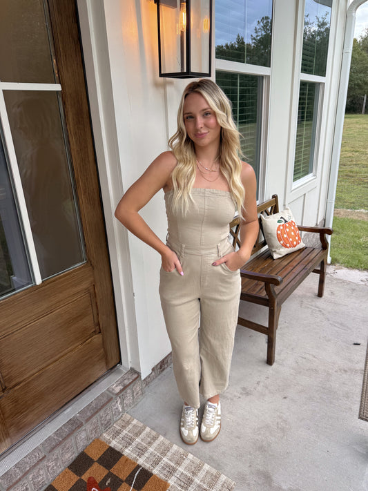 Beige Denim Barrel Jumpsuit