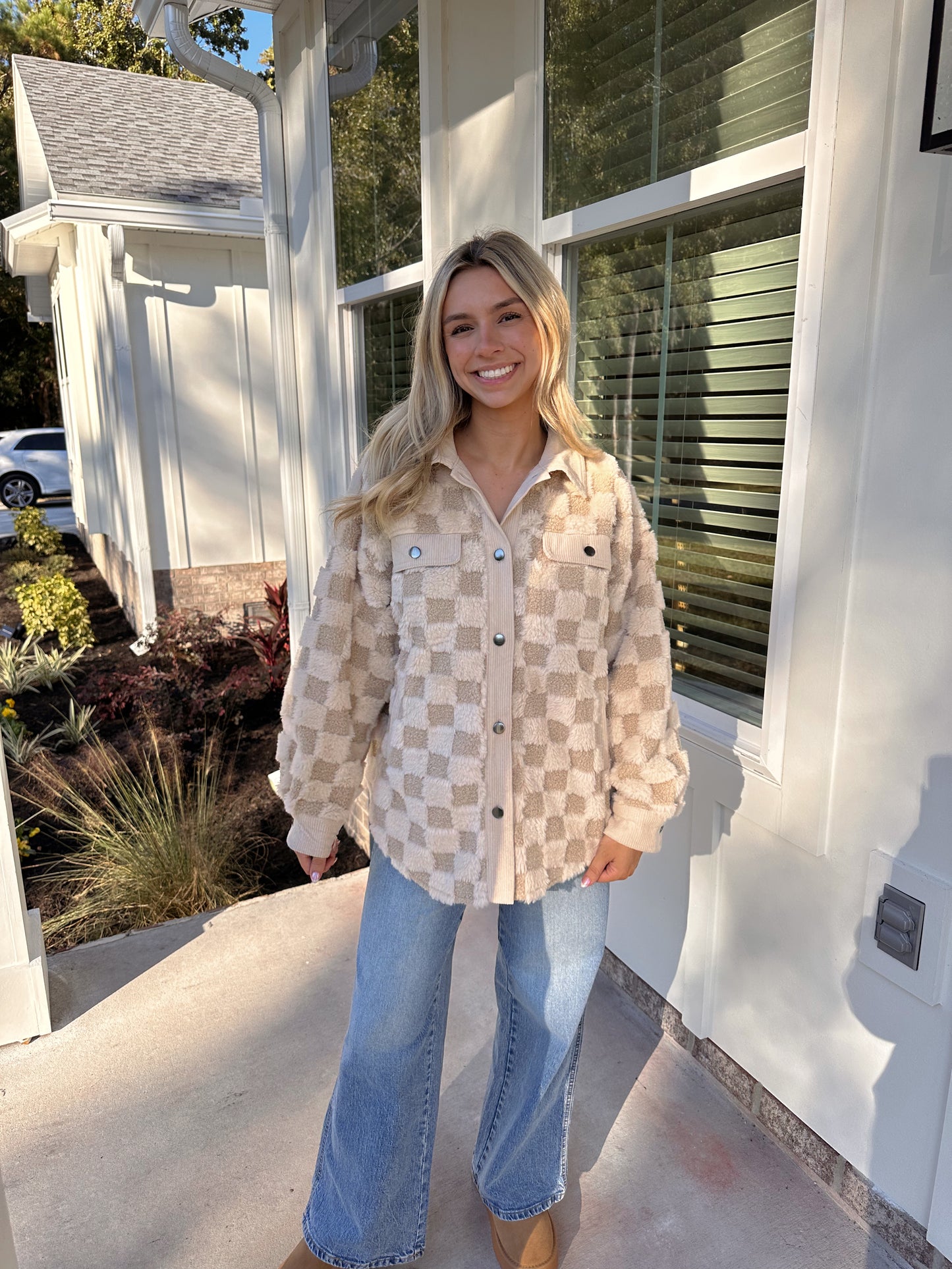 Cream Checkered Button Down Shacket