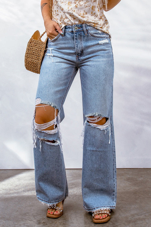 Light Blue Destroyed Ripped Casual Wide Leg Jeans